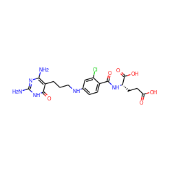 Nc1nc(N)c(CCCNc2ccc(C(=O)N[C@@H](CCC(=O)O)C(=O)O)c(Cl)c2)c(=O)[nH]1 ZINC000004650645