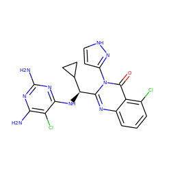 Nc1nc(N)c(Cl)c(N[C@H](c2nc3cccc(Cl)c3c(=O)n2-c2cc[nH]n2)C2CC2)n1 ZINC001772620131