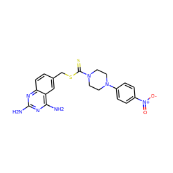 Nc1nc(N)c2cc(CSC(=S)N3CCN(c4ccc([N+](=O)[O-])cc4)CC3)ccc2n1 ZINC000096270826