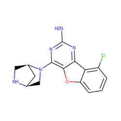 Nc1nc(N2C[C@@H]3C[C@H]2CN3)c2oc3cccc(Cl)c3c2n1 ZINC000073170163