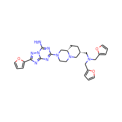 Nc1nc(N2CCN3C[C@@H](CN(Cc4ccco4)Cc4ccco4)CC[C@H]3C2)nc2nc(-c3ccco3)nn12 ZINC000028636920