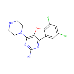 Nc1nc(N2CCNCC2)c2oc3c(Cl)cc(Cl)cc3c2n1 ZINC000073196098