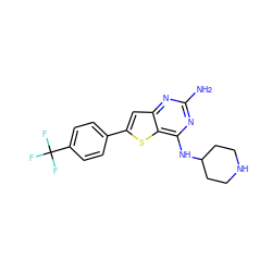 Nc1nc(NC2CCNCC2)c2sc(-c3ccc(C(F)(F)F)cc3)cc2n1 ZINC000473089947