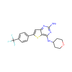 Nc1nc(NC2CCOCC2)c2sc(-c3ccc(C(F)(F)F)cc3)cc2n1 ZINC000473105514