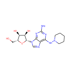 Nc1nc(NN2CCCCC2)c2ncn([C@@H]3O[C@H](CO)[C@@H](O)[C@H]3O)c2n1 ZINC000026638056