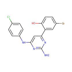 Nc1nc(Nc2ccc(Cl)cc2)cc(-c2cc(Br)ccc2O)n1 ZINC000026386631