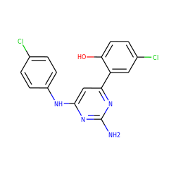 Nc1nc(Nc2ccc(Cl)cc2)cc(-c2cc(Cl)ccc2O)n1 ZINC000026386624