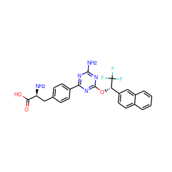 Nc1nc(O[C@@H](c2ccc3ccccc3c2)C(F)(F)F)nc(-c2ccc(C[C@H](N)C(=O)O)cc2)n1 ZINC000045257899