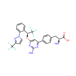 Nc1nc(O[C@@H](c2ccccc2-n2ccc(C(F)(F)F)n2)C(F)(F)F)cc(-c2ccc(C[C@H](N)C(=O)O)cc2)n1 ZINC000044431459