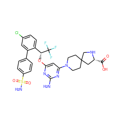 Nc1nc(O[C@H](c2ccc(Cl)cc2-c2ccc(S(N)(=O)=O)cc2)C(F)(F)F)cc(N2CCC3(CC2)CN[C@H](C(=O)O)C3)n1 ZINC001772580649