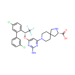 Nc1nc(O[C@H](c2ccc(Cl)cc2-c2cccc(Cl)c2)C(F)(F)F)cc(N2CCC3(CC2)CN[C@H](C(=O)O)C3)n1 ZINC001772579880