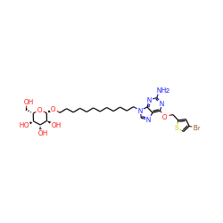 Nc1nc(OCc2cc(Br)cs2)c2ncn(CCCCCCCCCCCCO[C@H]3O[C@@H](CO)[C@@H](O)[C@@H](O)[C@@H]3O)c2n1 ZINC000027330267