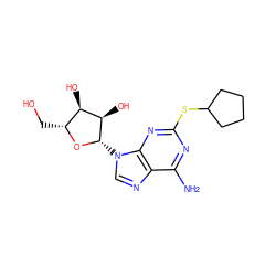 Nc1nc(SC2CCCC2)nc2c1ncn2[C@@H]1O[C@H](CO)[C@@H](O)[C@H]1O ZINC000034282464