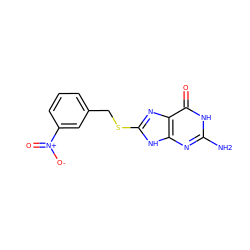 Nc1nc2[nH]c(SCc3cccc([N+](=O)[O-])c3)nc2c(=O)[nH]1 ZINC000653915603