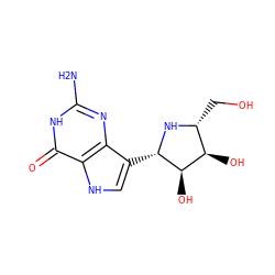 Nc1nc2c([C@@H]3N[C@H](CO)[C@@H](O)[C@H]3O)c[nH]c2c(=O)[nH]1 ZINC000013525011