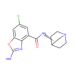 Nc1nc2c(C(=O)N[C@@H]3CN4CCC3CC4)cc(Cl)cc2o1 ZINC000043194041