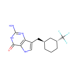 Nc1nc2c(C[C@@H]3CCC[C@@H](C(F)(F)F)C3)c[nH]c2c(=O)[nH]1 ZINC000013798454