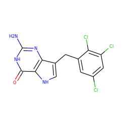 Nc1nc2c(Cc3cc(Cl)cc(Cl)c3Cl)c[nH]c2c(=O)[nH]1 ZINC000013861148