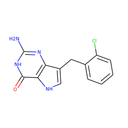 Nc1nc2c(Cc3ccccc3Cl)c[nH]c2c(=O)[nH]1 ZINC000013798442