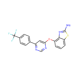 Nc1nc2c(Oc3cc(-c4ccc(C(F)(F)F)cc4)ncn3)cccc2s1 ZINC000014974129