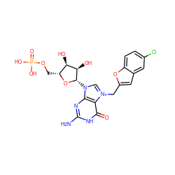 Nc1nc2c(c(=O)[nH]1)[n+](Cc1cc3cc(Cl)ccc3o1)cn2[C@@H]1O[C@H](COP(=O)(O)O)[C@@H](O)[C@H]1O ZINC000084759183