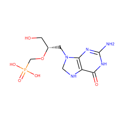 Nc1nc2c(c(=O)[nH]1)NCN2C[C@@H](CO)OCP(=O)(O)O ZINC000042921631