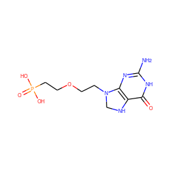 Nc1nc2c(c(=O)[nH]1)NCN2CCOCCP(=O)(O)O ZINC000043066641