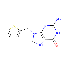 Nc1nc2c(c(=O)[nH]1)NCN2Cc1cccs1 ZINC000027761709