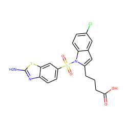 Nc1nc2ccc(S(=O)(=O)n3c(CCCC(=O)O)cc4cc(Cl)ccc43)cc2s1 ZINC000218801186