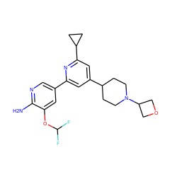 Nc1ncc(-c2cc(C3CCN(C4COC4)CC3)cc(C3CC3)n2)cc1OC(F)F ZINC000653755643