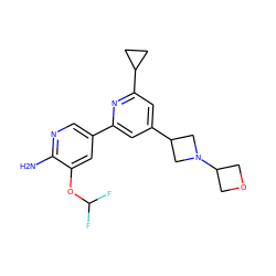 Nc1ncc(-c2cc(C3CN(C4COC4)C3)cc(C3CC3)n2)cc1OC(F)F ZINC000653757334