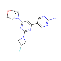 Nc1ncc(-c2cc(N3C[C@@H]4C[C@H]3CO4)nc(N3CC(F)C3)n2)cn1 ZINC000221203477