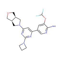 Nc1ncc(-c2cc(N3C[C@H]4COC[C@H]4C3)nc(N3CCC3)n2)cc1OC(F)F ZINC000653758391