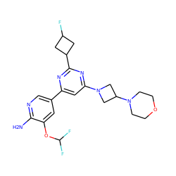 Nc1ncc(-c2cc(N3CC(N4CCOCC4)C3)nc(C3CC(F)C3)n2)cc1OC(F)F ZINC000653664371