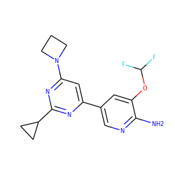 Nc1ncc(-c2cc(N3CCC3)nc(C3CC3)n2)cc1OC(F)F ZINC000653665409