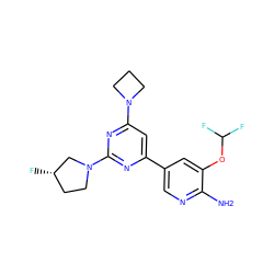 Nc1ncc(-c2cc(N3CCC3)nc(N3CC[C@H](F)C3)n2)cc1OC(F)F ZINC000653666594