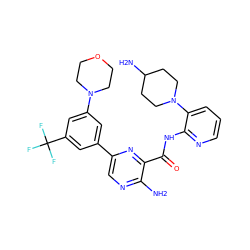 Nc1ncc(-c2cc(N3CCOCC3)cc(C(F)(F)F)c2)nc1C(=O)Nc1ncccc1N1CCC(N)CC1 ZINC001772615142