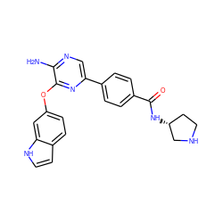 Nc1ncc(-c2ccc(C(=O)N[C@@H]3CCNC3)cc2)nc1Oc1ccc2cc[nH]c2c1 ZINC000045284379