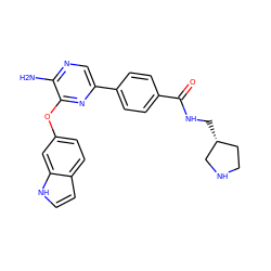 Nc1ncc(-c2ccc(C(=O)NC[C@@H]3CCNC3)cc2)nc1Oc1ccc2cc[nH]c2c1 ZINC000045287888