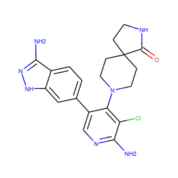 Nc1ncc(-c2ccc3c(N)n[nH]c3c2)c(N2CCC3(CCNC3=O)CC2)c1Cl ZINC000143716958