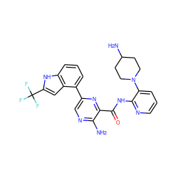 Nc1ncc(-c2cccc3[nH]c(C(F)(F)F)cc23)nc1C(=O)Nc1ncccc1N1CCC(N)CC1 ZINC001772645257