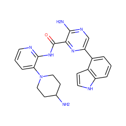 Nc1ncc(-c2cccc3[nH]ccc23)nc1C(=O)Nc1ncccc1N1CCC(N)CC1 ZINC001772582314