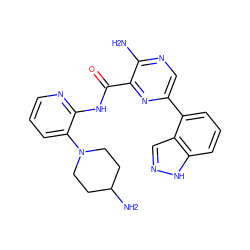 Nc1ncc(-c2cccc3[nH]ncc23)nc1C(=O)Nc1ncccc1N1CCC(N)CC1 ZINC001772581559