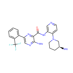 Nc1ncc(-c2ccccc2C(F)(F)F)nc1C(=O)Nc1cnccc1N1CCC[C@H](N)C1 ZINC000147023336