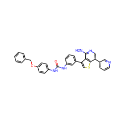 Nc1ncc(-c2cccnc2)c2scc(-c3cccc(NC(=O)Nc4ccc(OCc5ccccc5)cc4)c3)c12 ZINC000060327220