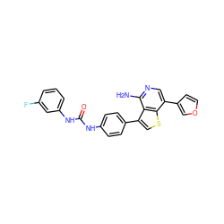 Nc1ncc(-c2ccoc2)c2scc(-c3ccc(NC(=O)Nc4cccc(F)c4)cc3)c12 ZINC000063298187