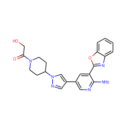 Nc1ncc(-c2cnn(C3CCN(C(=O)CO)CC3)c2)cc1-c1nc2ccccc2o1 ZINC000053243397