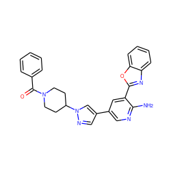 Nc1ncc(-c2cnn(C3CCN(C(=O)c4ccccc4)CC3)c2)cc1-c1nc2ccccc2o1 ZINC000053243410