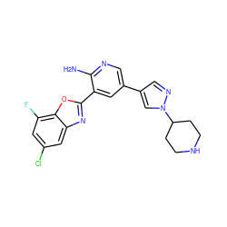 Nc1ncc(-c2cnn(C3CCNCC3)c2)cc1-c1nc2cc(Cl)cc(F)c2o1 ZINC000084759300