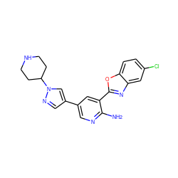 Nc1ncc(-c2cnn(C3CCNCC3)c2)cc1-c1nc2cc(Cl)ccc2o1 ZINC000084759299